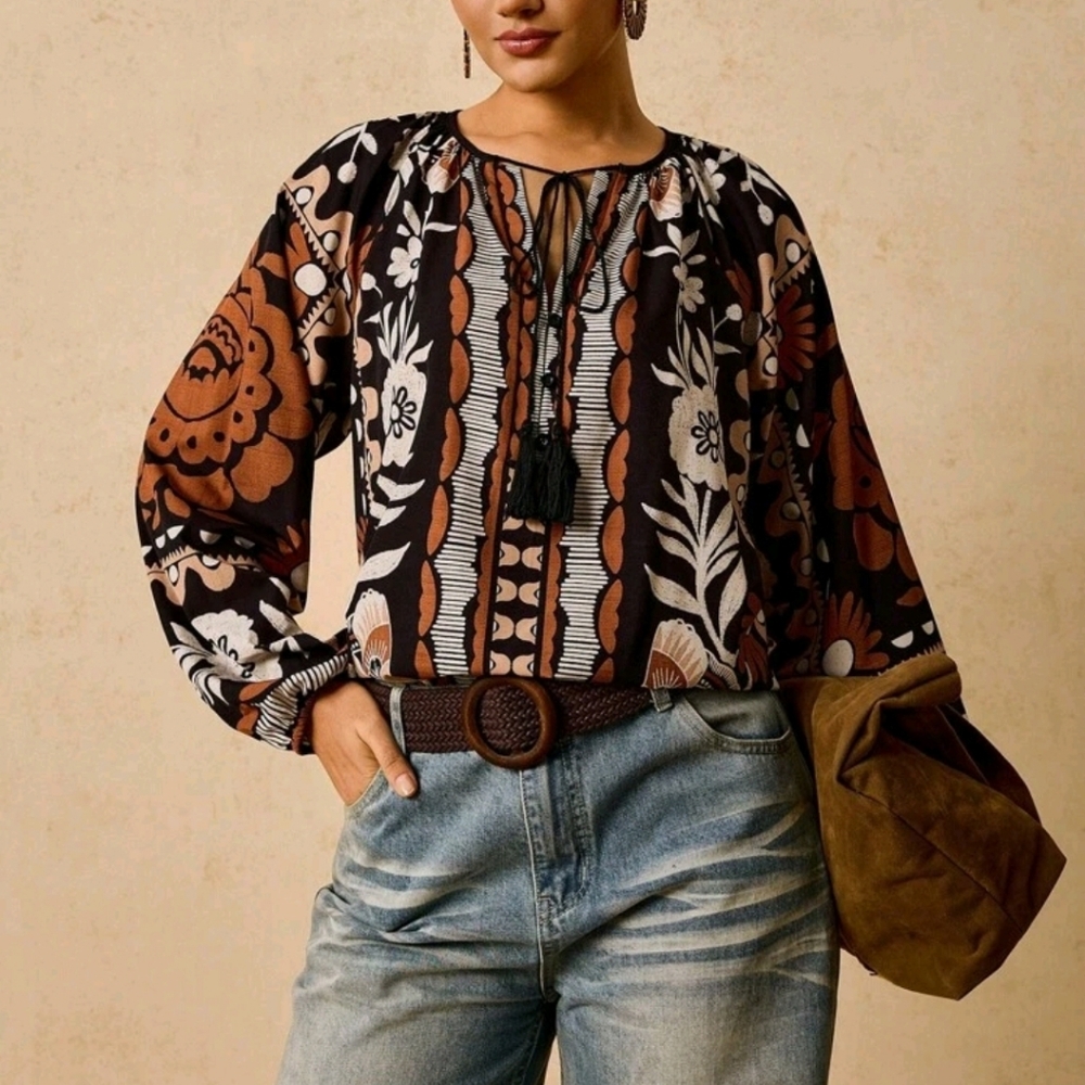 SALE ** BRAND NEW ** Floral Bohemian Blouse - Black and Brown